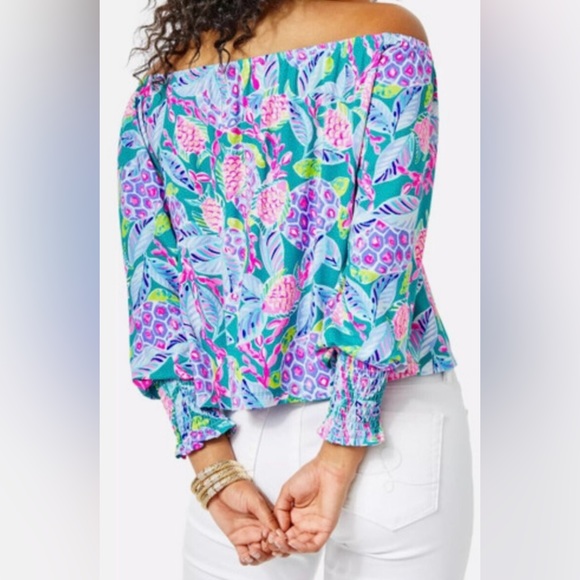 LILLY PULITZER Lana Off the Shoulder Top Maldives Green Turtle Wave Size XL - Picture 3 of 11